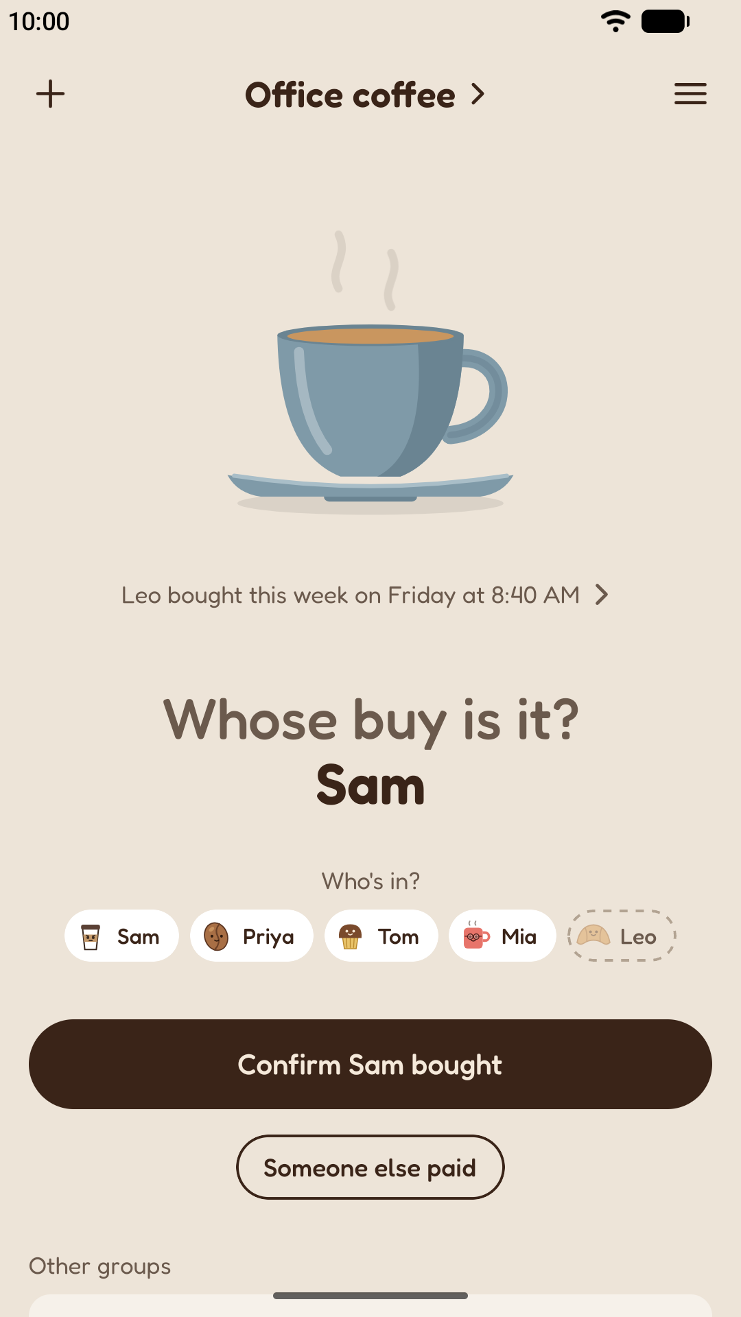Office coffee: Sam to buy